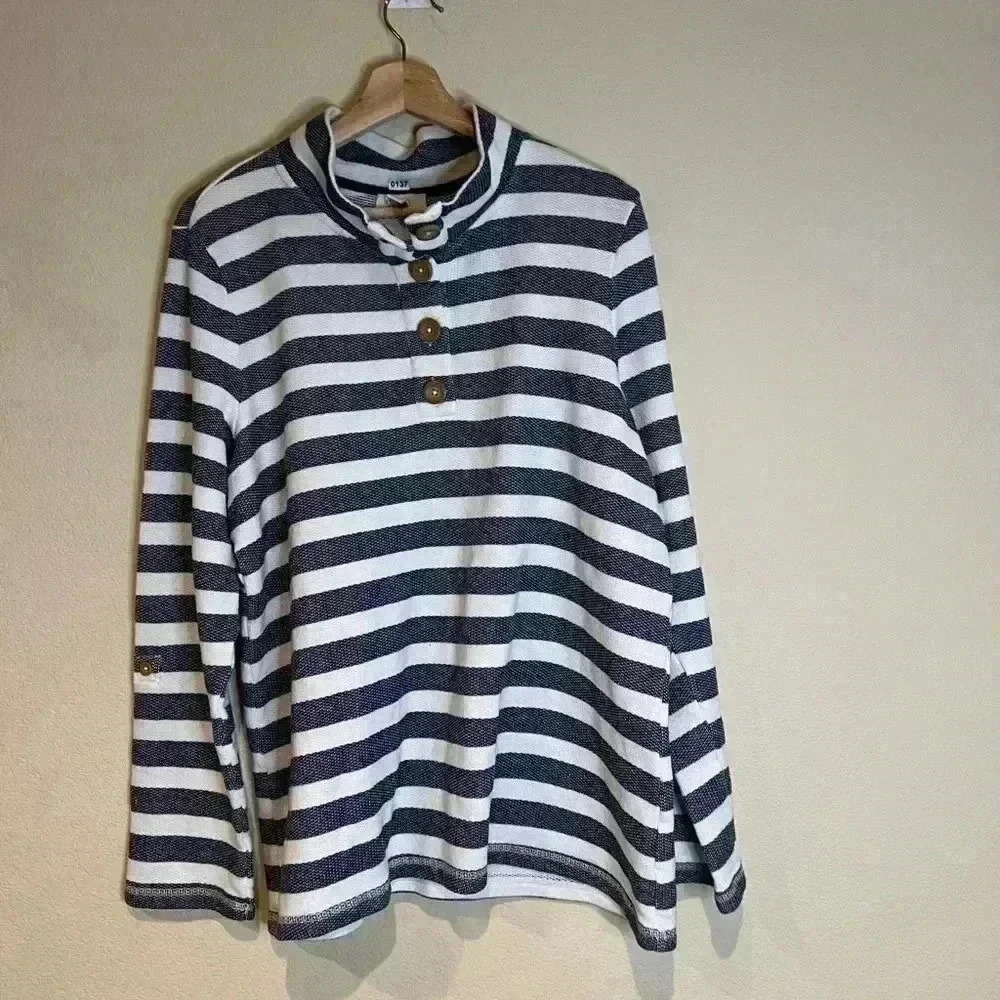 D & Co Active sweat shirt‎ top blue white striped long or 3/4 sleeves L Fall
